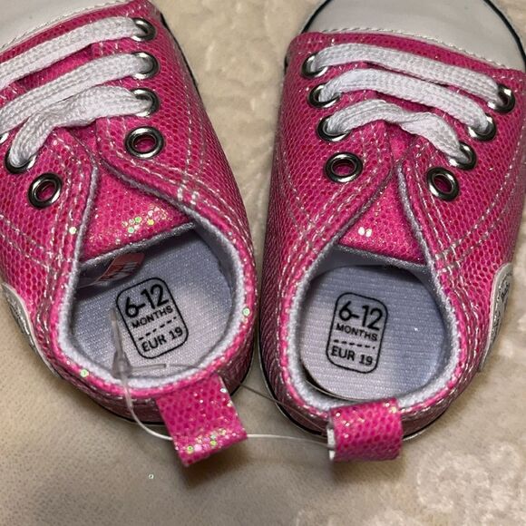 BABY GIRLS NWT SIZE 6-12 MONTHS PINK GLITTER LACE UP WALKING SHOES - Picture 4 of 4
